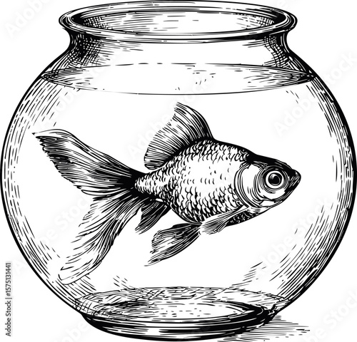 Detailed ink drawing of a goldfish swimming inside a round glass fishbowl