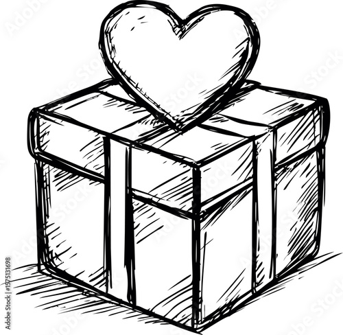 Sketch of a gift box with a heart on top, symbolizing love and giving