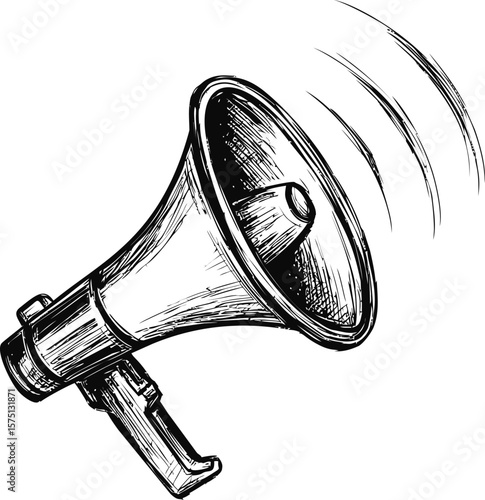Sketch of a vintage megaphone with sound waves in black and white illustration