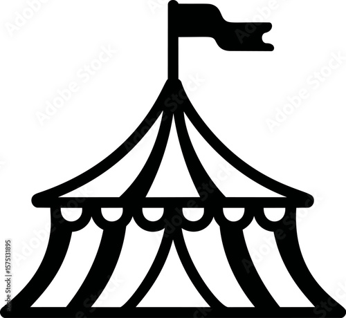 Black and white silhouette of a circus tent with a waving flag