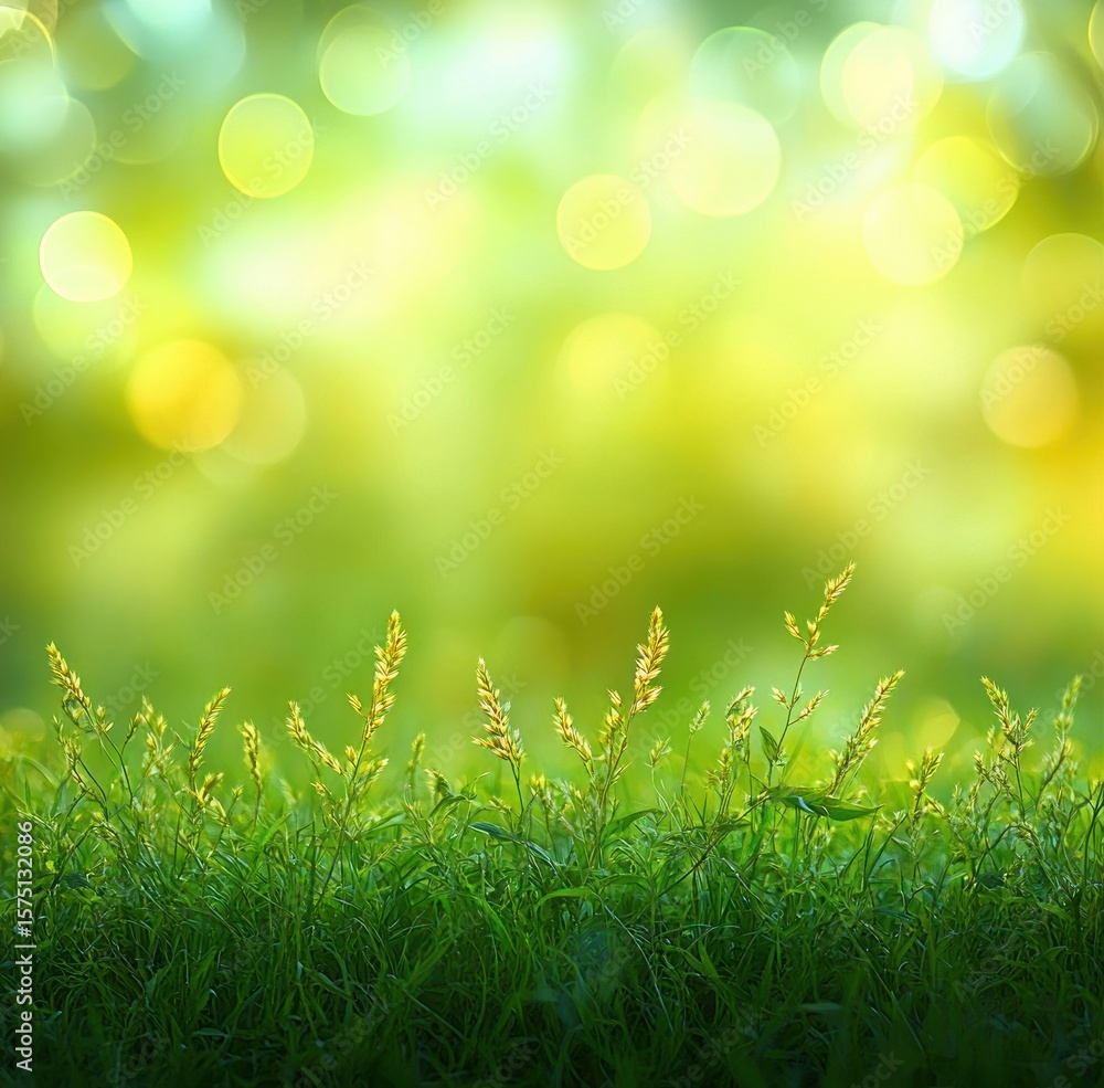 Obraz premium Close-up view of green grass and golden grass heads with blurred yellow and green bokeh light in background creating a peaceful natural atmosphere