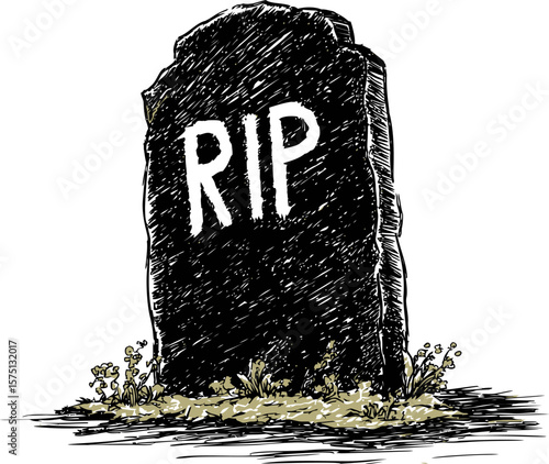 Rustic cartoon gravestone with rip letters and weeds around it
