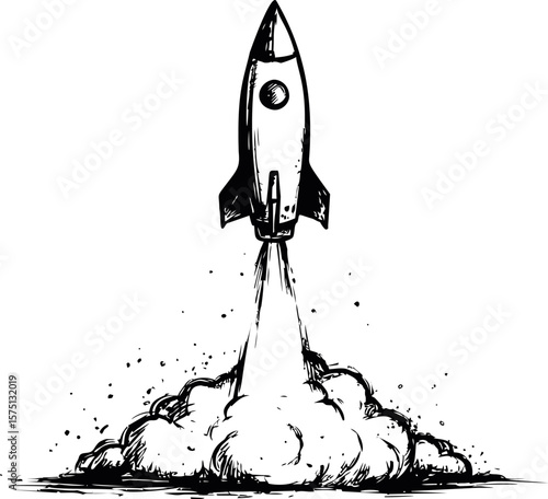 Monochrome illustration of a rocket launching with smoke trails