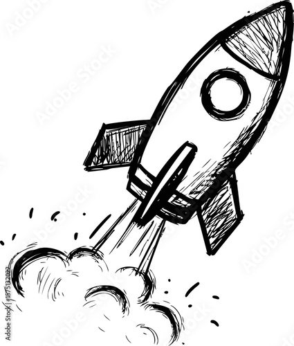 Hand-drawn sketch of a rocket launching into the sky with smoke trails