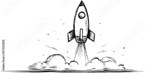 Sketch of a rocket launching with smoke and sparks, black and white illustration