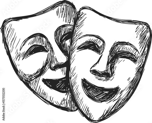 Hand-drawn illustration of two laughing theater masks in black and white sketch