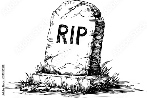 Black and white sketch of a tombstone with RIP inscription, graveyard theme