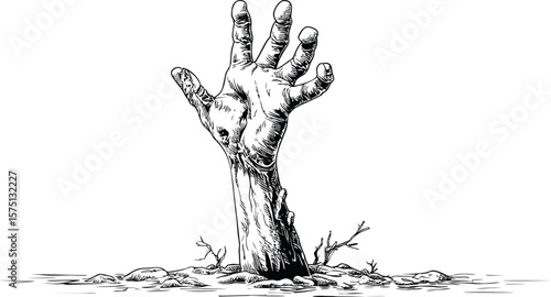Zombie hand emerging from ground in black and white drawing, horror concept