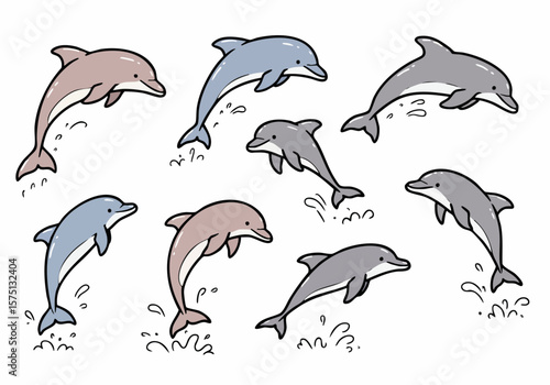 Cute cartoon dolphins jumping out of the water illustration set
