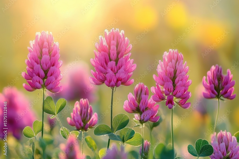 Fototapeta premium Close-up of vibrant pink clover flowers blooming in soft golden sunlight with green leaves and blurred background creating a peaceful and warm atmosphere