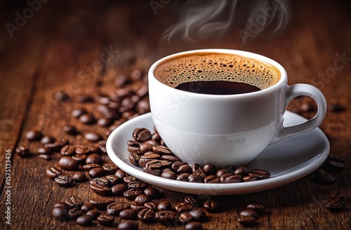 white cup filled with steaming hot black coffee on a white saucer surrounded by roasted coffee beans on a wooden surface