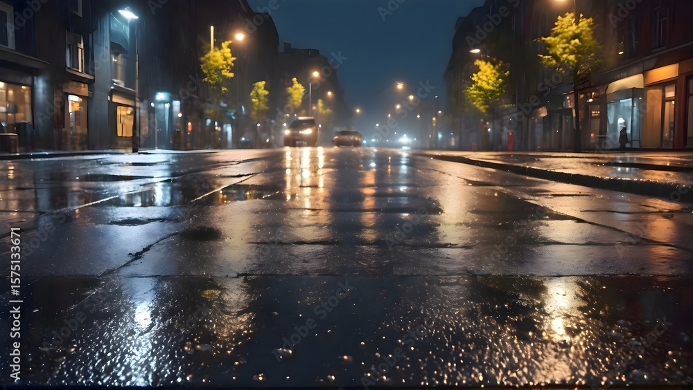 Naklejka premium Car driving through a city street during rainy weather, with reflections on the wet asphalt and raindrops falling, creating a cinematic and moody urban atmosphere
