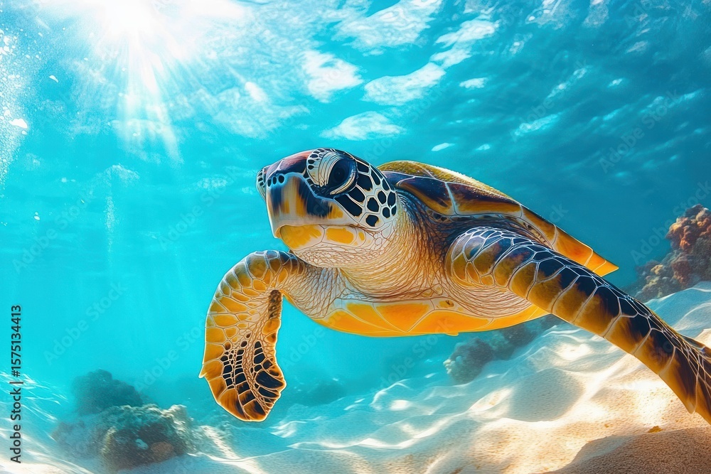 Obraz premium Underwater view of a sea turtle swimming gracefully with sunlight filtering through clear blue water and sandy ocean floor below