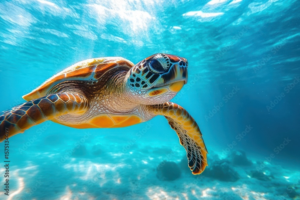 Fototapeta premium Close-up underwater view of a sea turtle swimming in clear blue ocean water with sunlight filtering through the surface