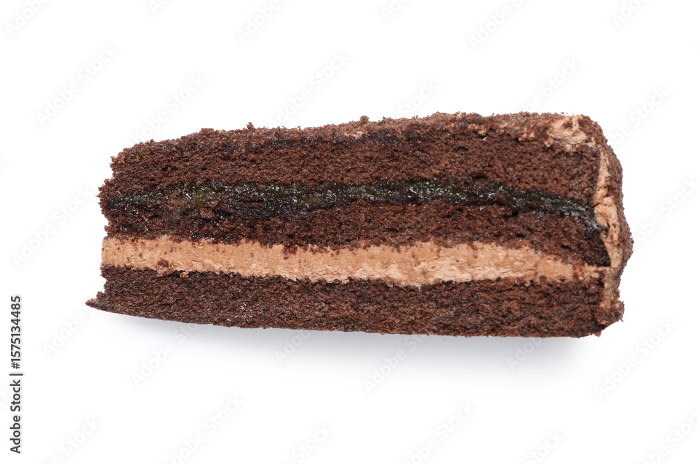 Piece of tasty chocolate cake isolated on white background, closeup Piece of tasty chocolate cake isolated on white background, closeup