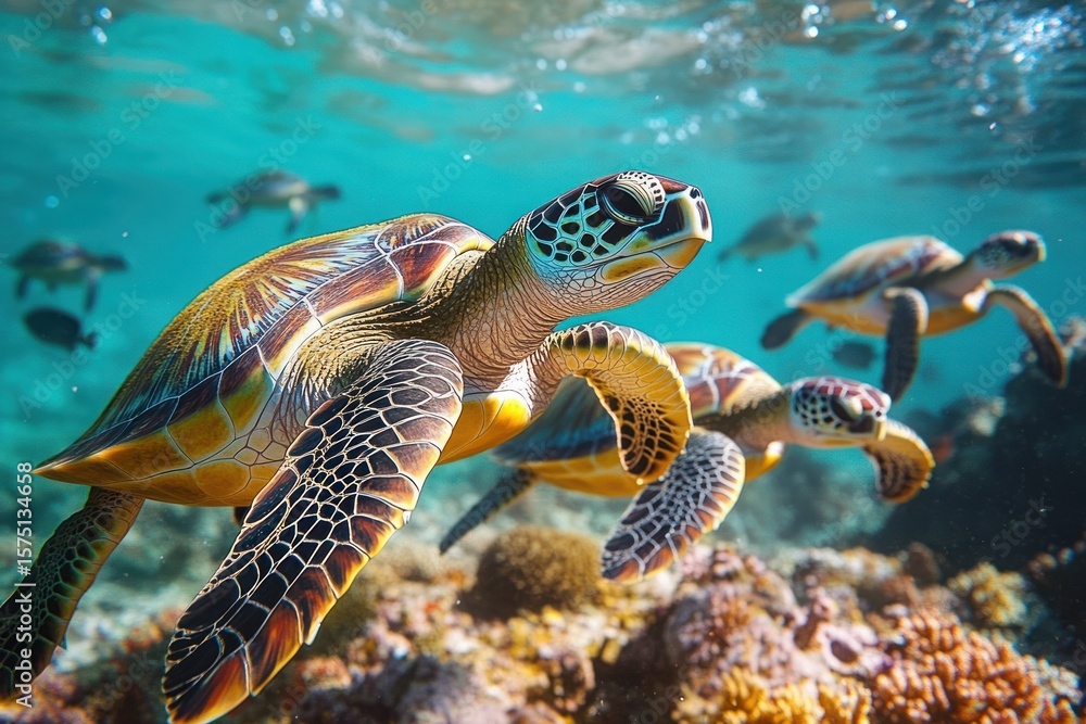 Fototapeta premium Group of sea turtles swimming gracefully underwater above a vibrant coral reef in clear blue ocean water