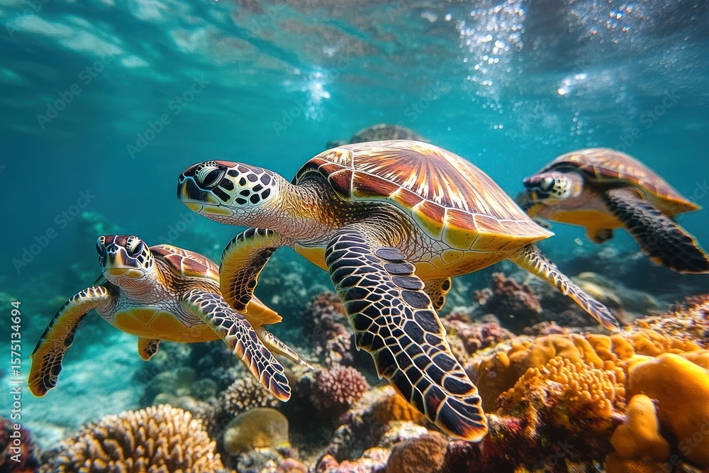 Obraz premium Three green sea turtles swimming gracefully above vibrant coral reef in clear blue ocean water