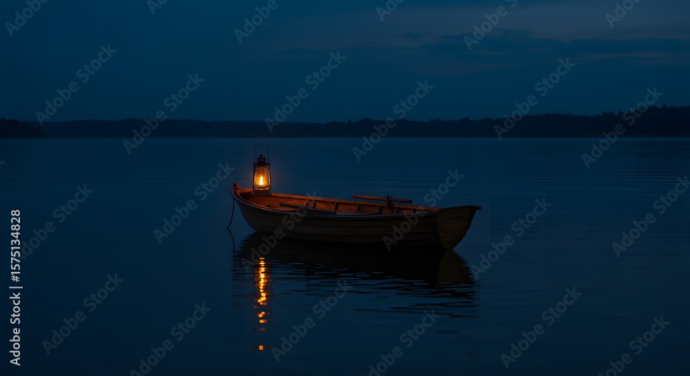 Naklejka premium A small boat sits on a calm lake at night, illuminated by a single lantern.