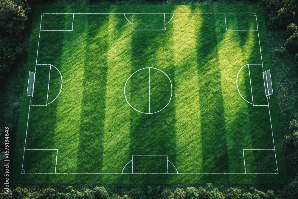 Obraz premium Aerial view of a well-maintained soccer field with alternating light and shadow stripes surrounded by dense trees, evoking calm and natural beauty