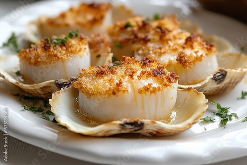 Close-up of baked scallops with golden brown breadcrumb topping served on half shell garnished with chopped herbs on white plate