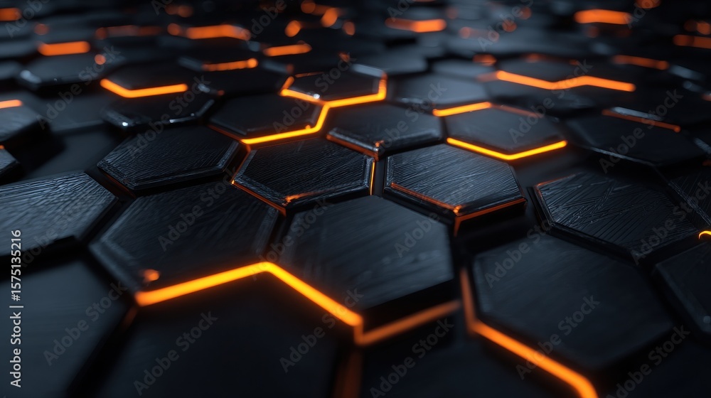 Fototapeta premium A close up of dark textured hexagons with glowing orange lines between the shapes in a pattern