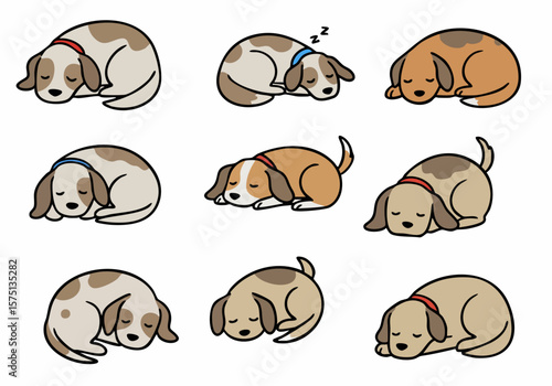 Cute cartoon illustrations of various dogs sleeping in different poses.