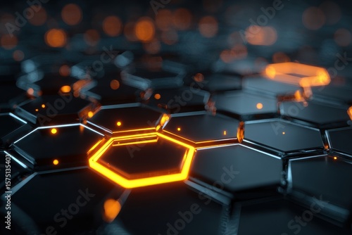 A close up view of a dark surface with glowing orange hexagonal shapes and bokeh background lights