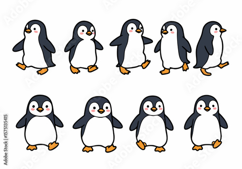 Set of Cute Cartoon Penguins in Different Poses Illustration