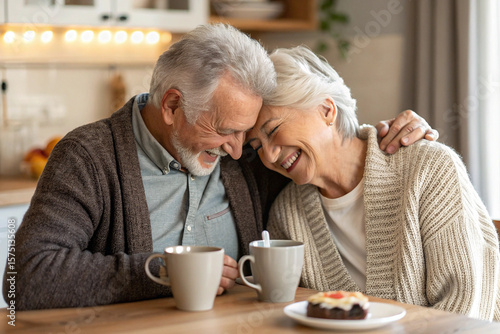 Joyful Senior Couple Sharing a Loving Moment Over Morning Coffee in a Bright and Cozy Kitchen

