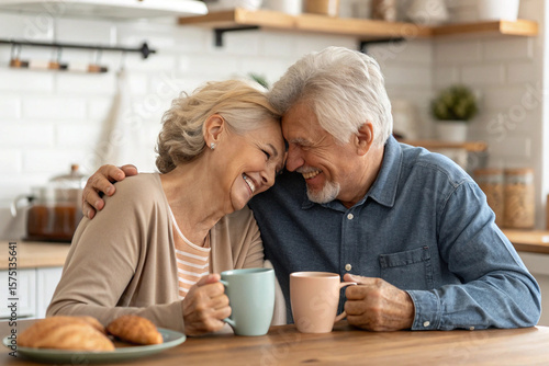 Joyful Senior Couple Sharing a Loving Moment Over Morning Coffee in a Bright and Cozy Kitchen

