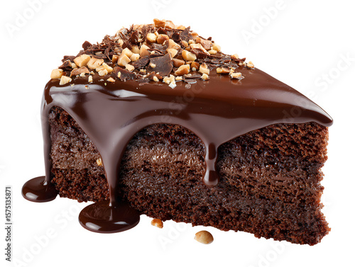 Moist chocolate cake drenched in rich chocolate sauce, topped with chopped nuts and chocolate bits for a crunchy and indulgent treat.