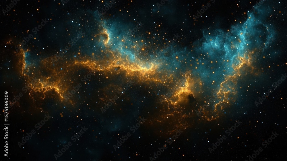 Naklejka premium Vast cosmic scene featuring bright golden nebula clouds intertwined with blue nebulous formations and numerous scattered stars in deep space