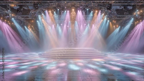 Spectacular stage illuminated by vibrant beams, featuring a layered platform ideal for
