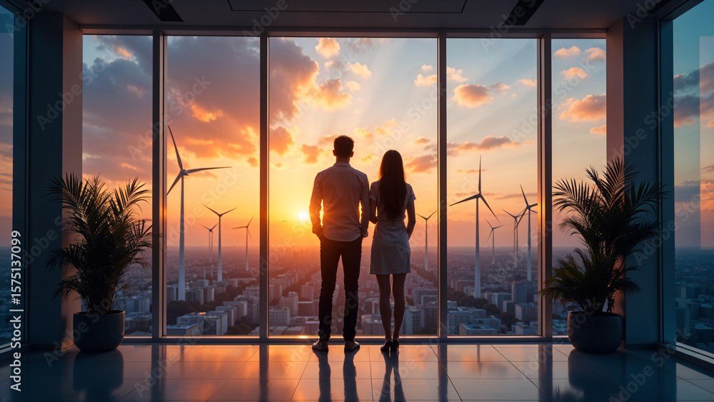 Innovation and green power concept - People working for alternative energy with wind turbine on background Innovation and green power concept - People working for alternative energy with wind turbine on background
