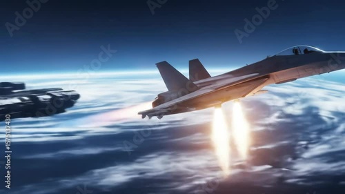 Gray Fighter Jet Taking Off from Futuristic Platform with Blue Sky and Cosmic Galaxy Background Digital Art
