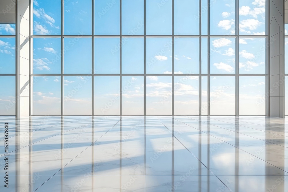 Fototapeta premium Bright spacious empty room with large floor-to-ceiling windows overlooking blue sky with scattered clouds