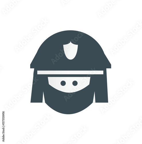 A stylized icon depicting a female police officer, wearing a uniform hat and dark clothing.