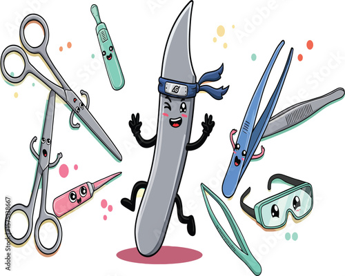 A cheerful cuticle pusher, ninja-style, surrounded by happy manicure tools.