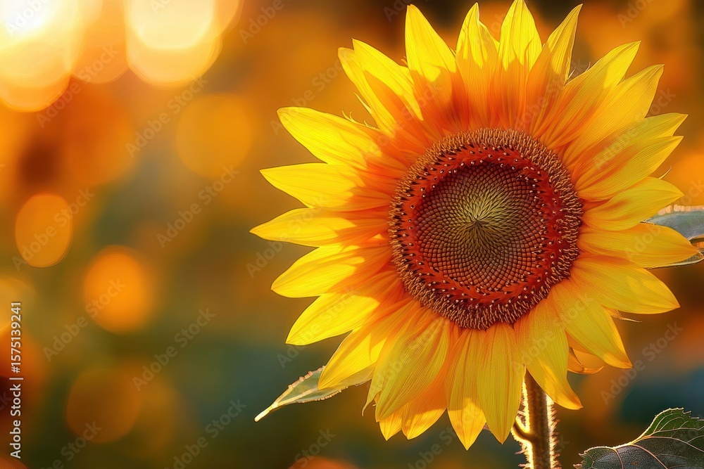 Fototapeta premium Close-up of a vibrant yellow sunflower with detailed petals and seeds glowing warmly against a softly blurred golden background evoking warmth and tranquility