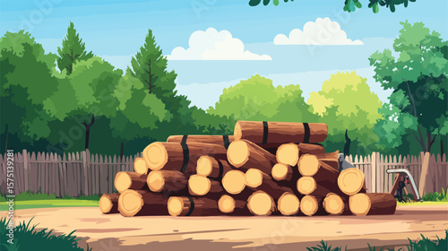 Neatly Stacked Logs Secured with Black Rope