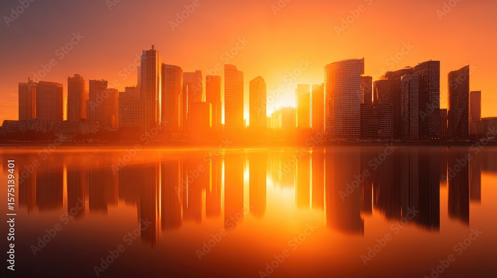 Fototapeta premium Sunrise over a city skyline reflected in the water.