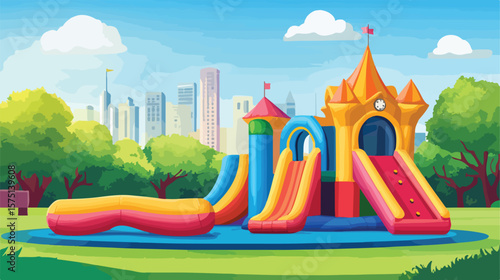 Fun-filled playground park with inflatable bouncy for kids playtime
