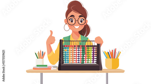 Happy young woman math teacher sitting at desk