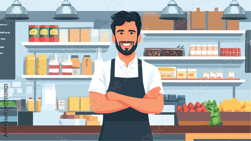 Smiling Shopkeeper Flat Vector Portrait Illustration