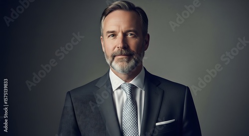 A man in a suit with a beard and tie looking at the camera