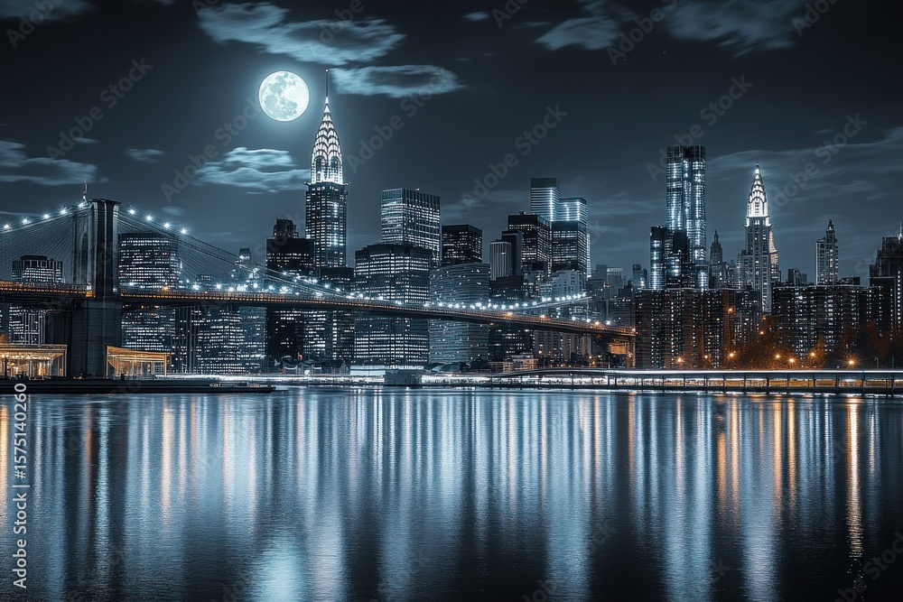 Fototapeta premium Nighttime city skyline with illuminated skyscrapers and suspension bridge reflecting on calm water under a glowing full moon and cloudy sky