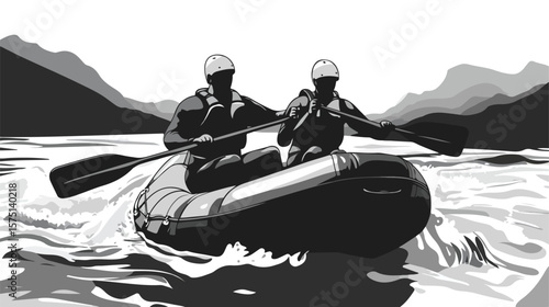 Thrilling Black and White Rafting Adventure Vector Illustration
