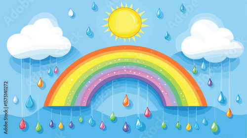 Vibrant Rainbow Sun and Clouds with Colorful Raindrops