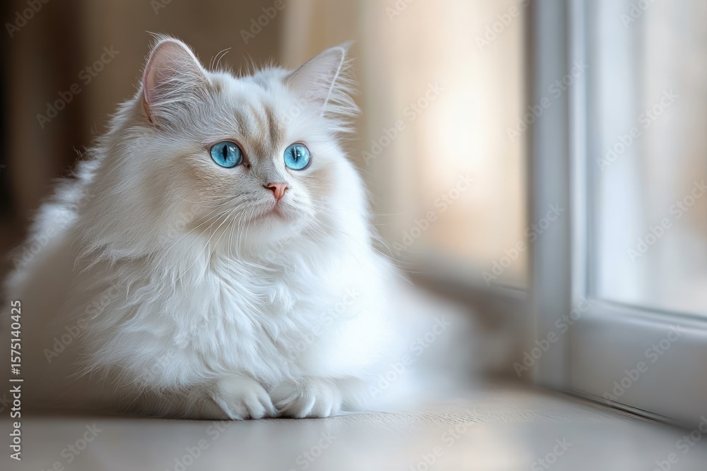 Fototapeta premium fluffy white cat with striking blue eyes gazing thoughtfully out a bright window in soft natural light
