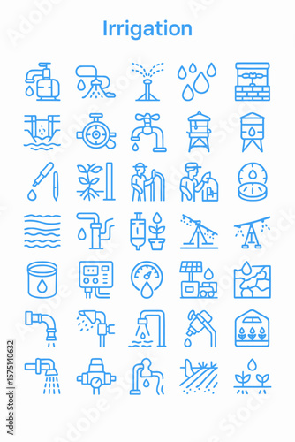 A comprehensive collection of line icons illustrating various irrigation methods and equipment.